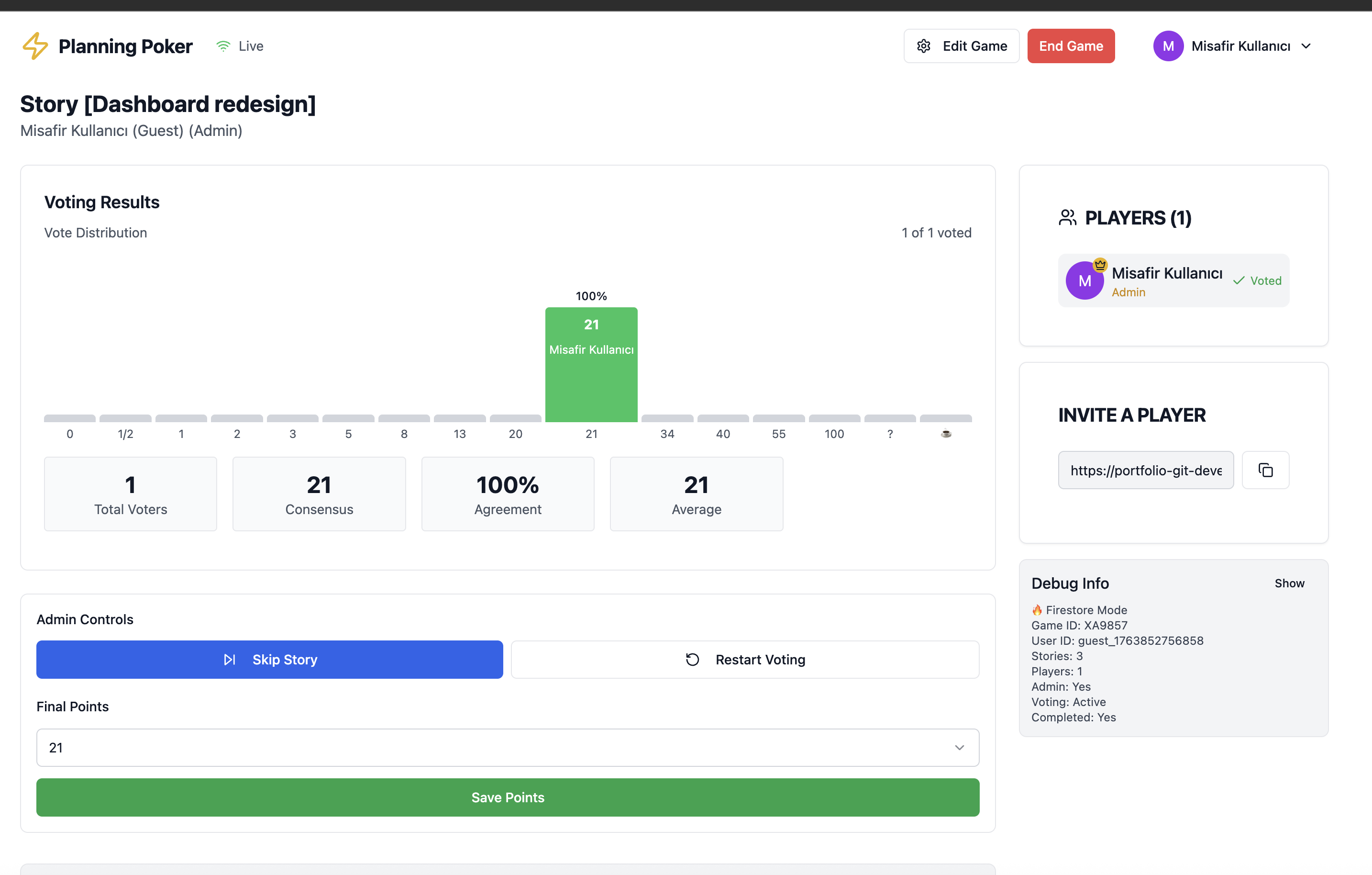 Planning Poker - Screenshot of the hobby project interface